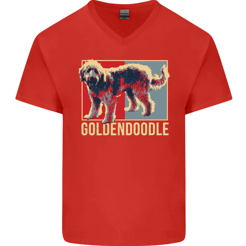 Goldendoodle Dog Art Mens V-Neck Cotton T-Shirt Red