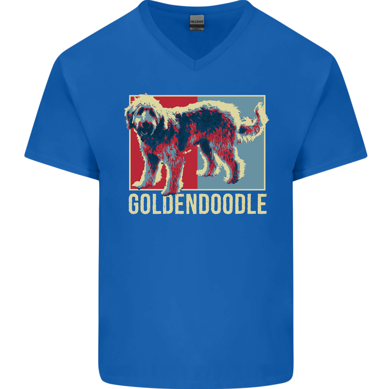 Goldendoodle Dog Art Mens V-Neck Cotton T-Shirt Royal Blue