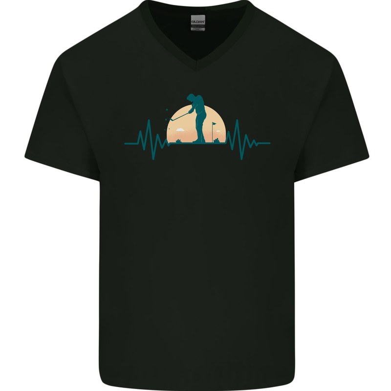 Golf Heartbeat Pulse Mens V-Neck Cotton T-Shirt Black