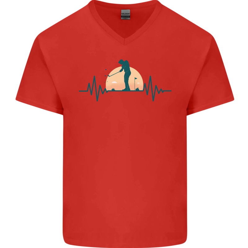 Golf Heartbeat Pulse Mens V-Neck Cotton T-Shirt Red