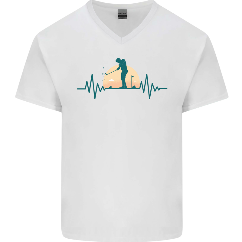 Golf Heartbeat Pulse Mens V-Neck Cotton T-Shirt White