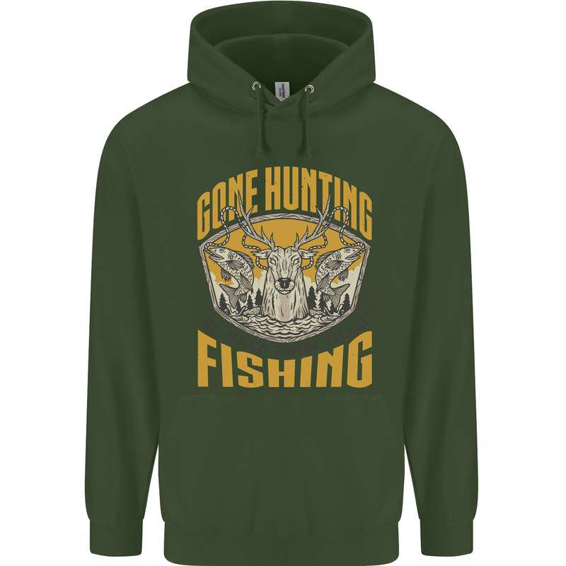 Gone Hunting Then Fishing Funny Hunter Childrens Kids Hoodie Forest Green