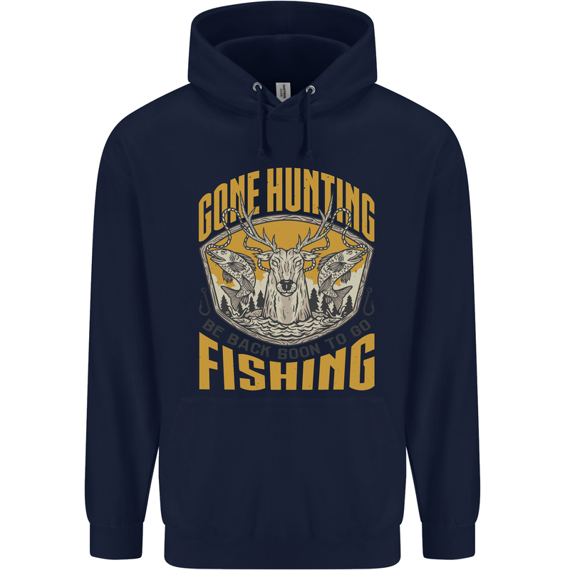 Gone Hunting Then Fishing Funny Hunter Childrens Kids Hoodie Navy Blue