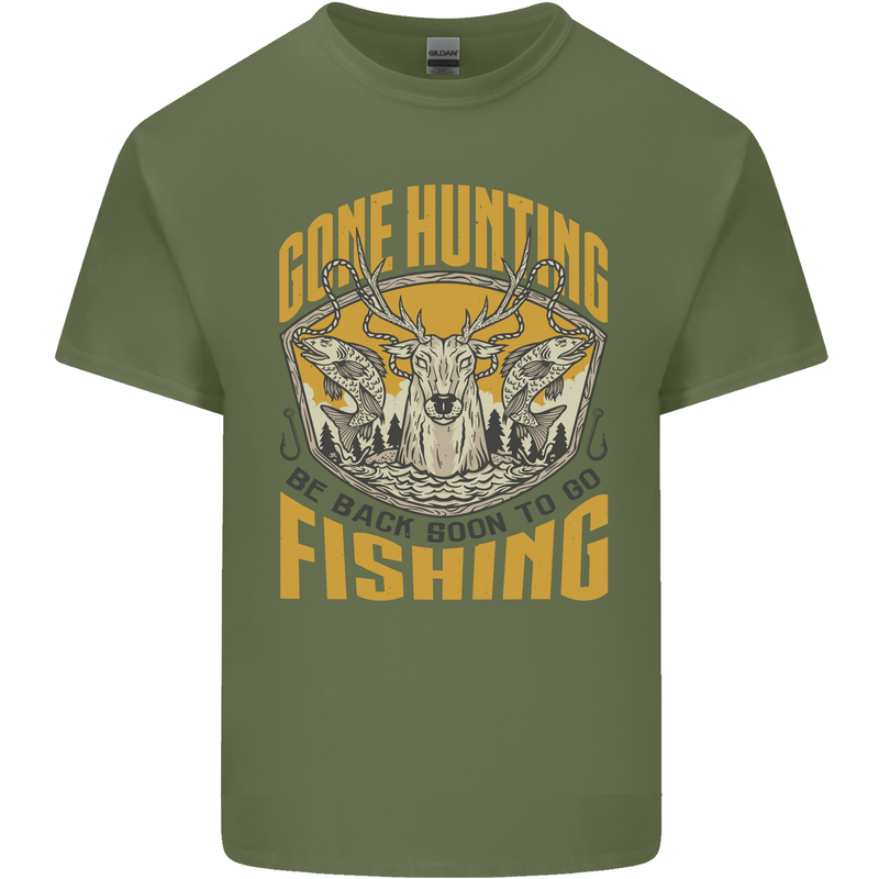 Gone Hunting Then Fishing Funny Hunter Mens Cotton T-Shirt Tee Top Military Green