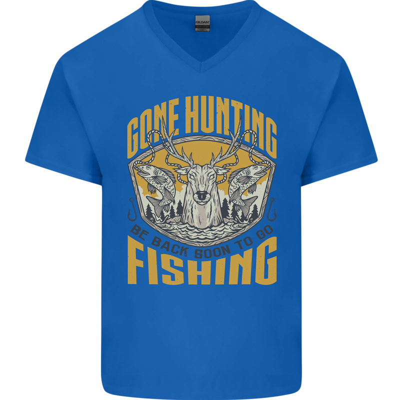 Gone Hunting Then Fishing Funny Hunter Mens V-Neck Cotton T-Shirt Royal Blue