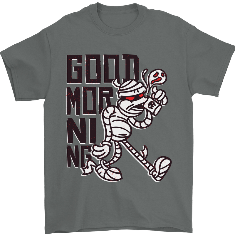 Good Morning Mummy Coffee Halloween Mens T-Shirt 100% Cotton Charcoal