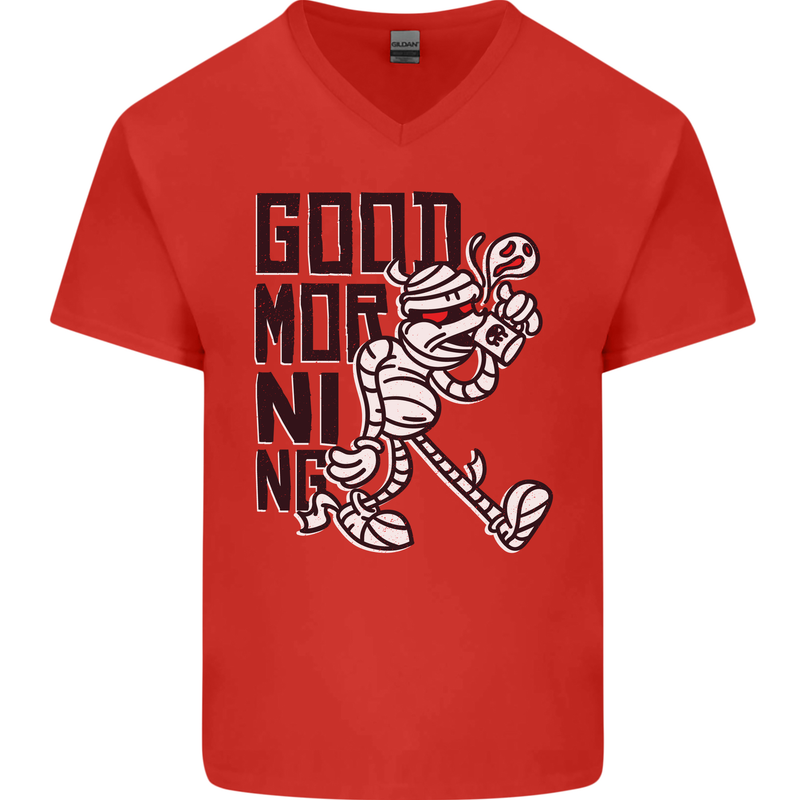 Good Morning Mummy Coffee Halloween Mens V-Neck Cotton T-Shirt Red