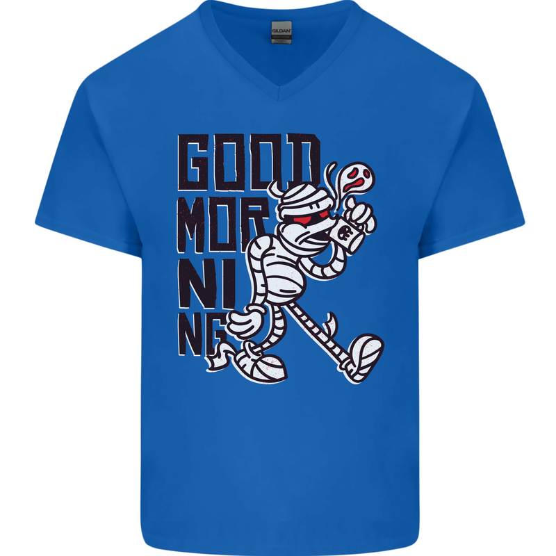 Good Morning Mummy Coffee Halloween Mens V-Neck Cotton T-Shirt Royal Blue