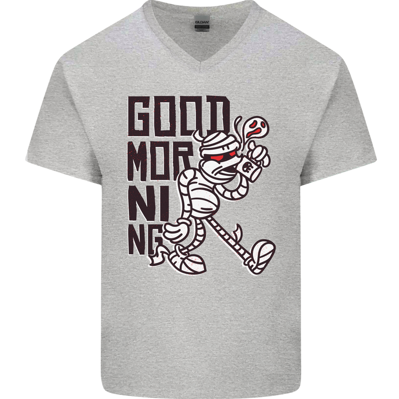 Good Morning Mummy Coffee Halloween Mens V-Neck Cotton T-Shirt Sports Grey