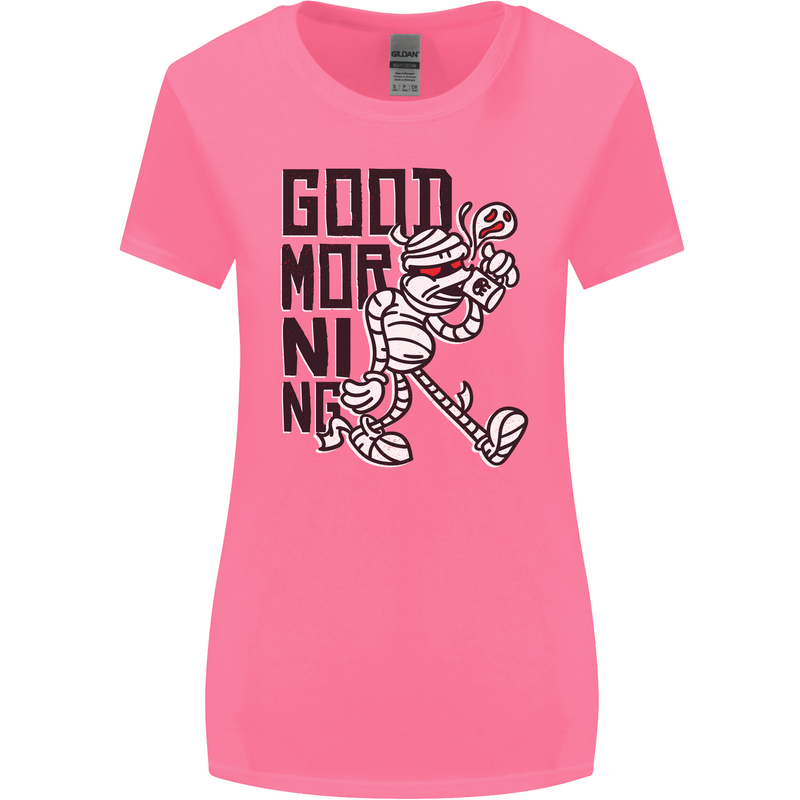 Good Morning Mummy Coffee Halloween Womens Wider Cut T-Shirt Azalea