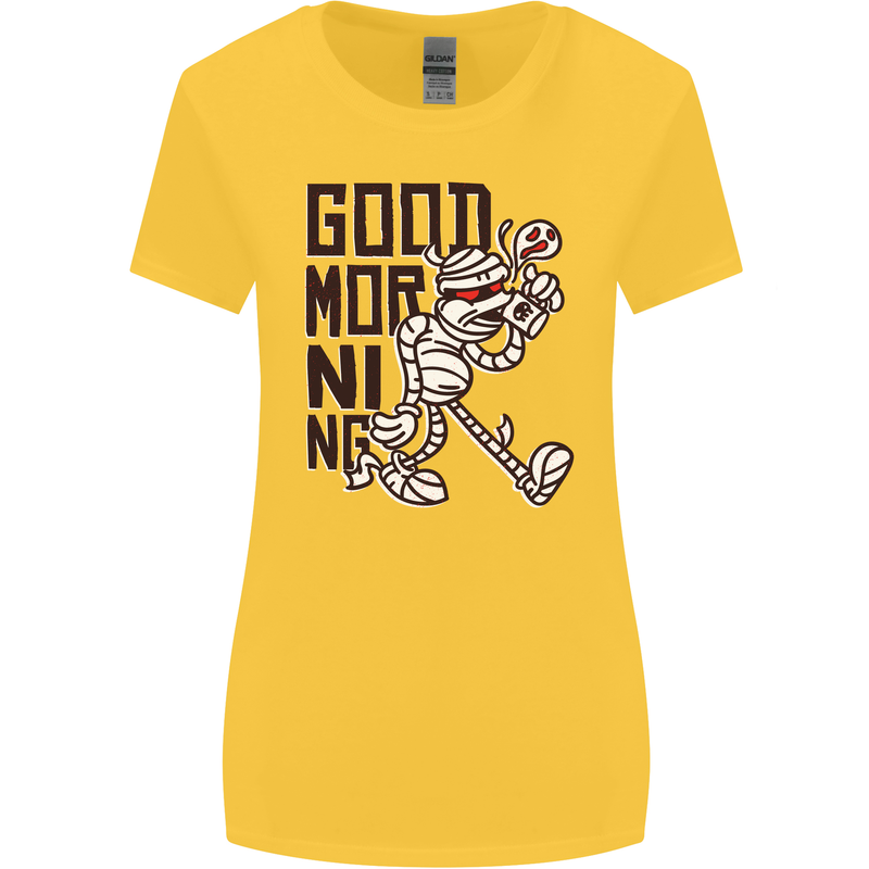 Good Morning Mummy Coffee Halloween Womens Wider Cut T-Shirt Yellow