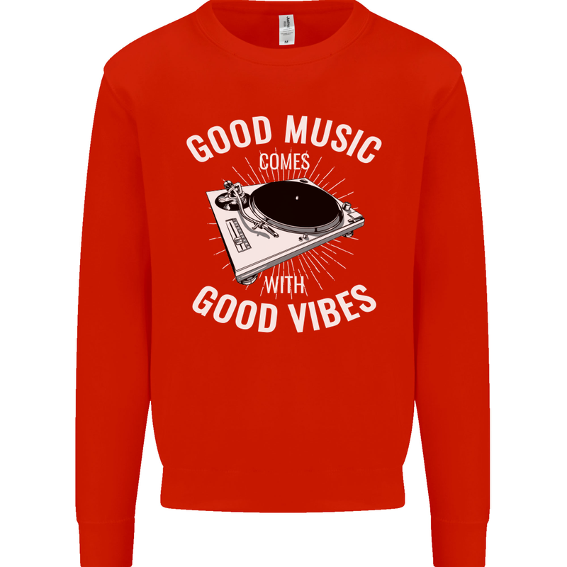 Good Music Vibes DJ Decks Vinyl Turntable Kids Sweatshirt Jumper Bright Red