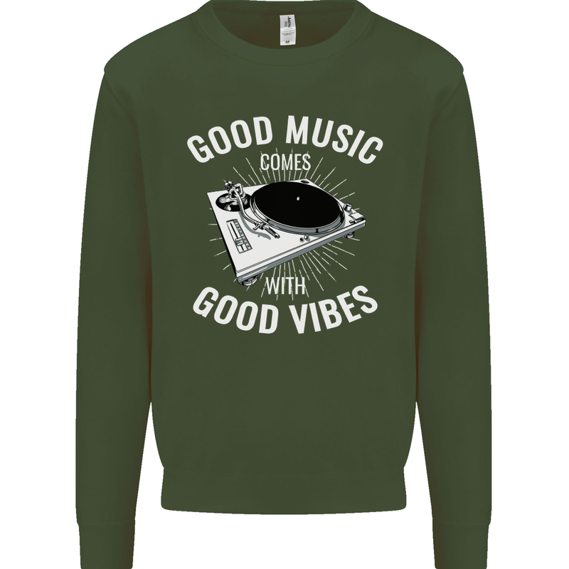 Good Music Vibes DJ Decks Vinyl Turntable Kids Sweatshirt Jumper Forest Green