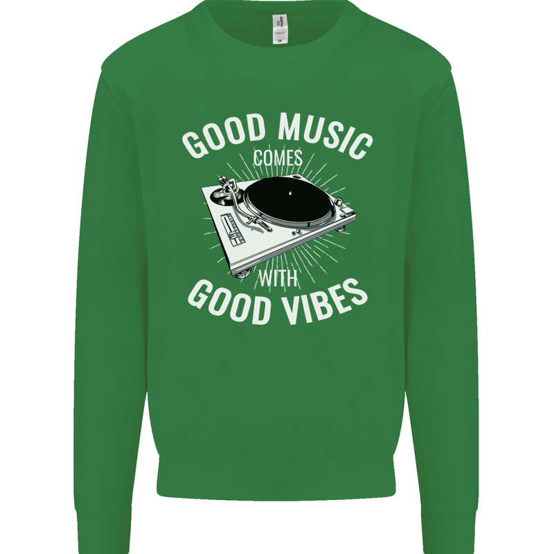 Good Music Vibes DJ Decks Vinyl Turntable Kids Sweatshirt Jumper Irish Green