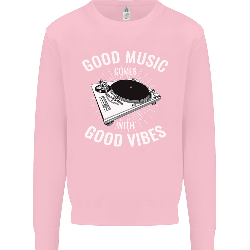 Good Music Vibes DJ Decks Vinyl Turntable Kids Sweatshirt Jumper Light Pink
