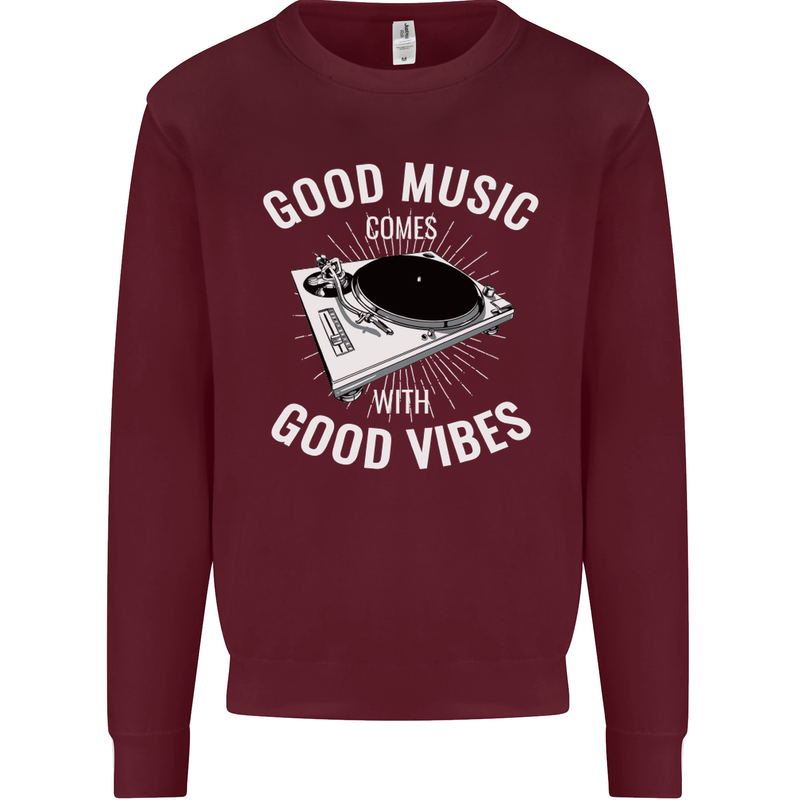 Good Music Vibes DJ Decks Vinyl Turntable Kids Sweatshirt Jumper Maroon