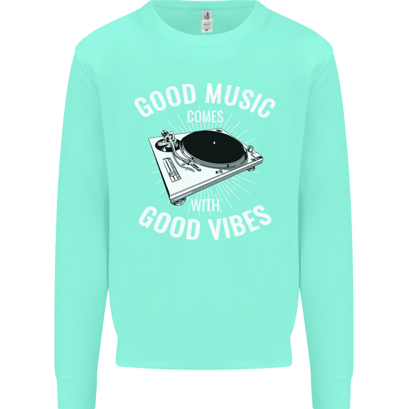 Good Music Vibes DJ Decks Vinyl Turntable Kids Sweatshirt Jumper Peppermint