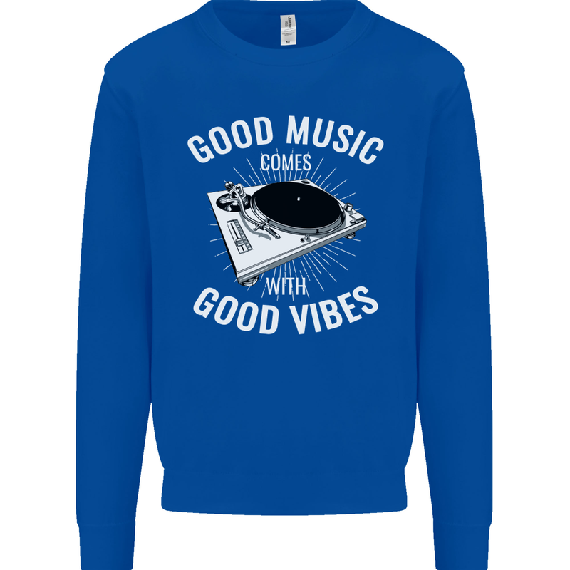 Good Music Vibes DJ Decks Vinyl Turntable Kids Sweatshirt Jumper Royal Blue