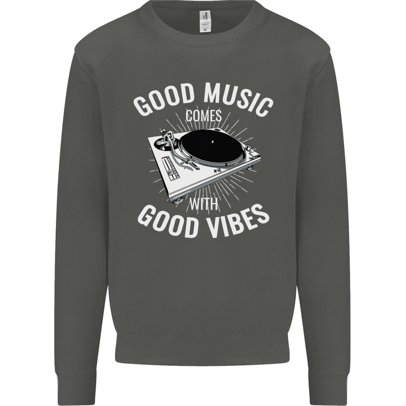 Good Music Vibes DJ Decks Vinyl Turntable Kids Sweatshirt Jumper Storm Grey