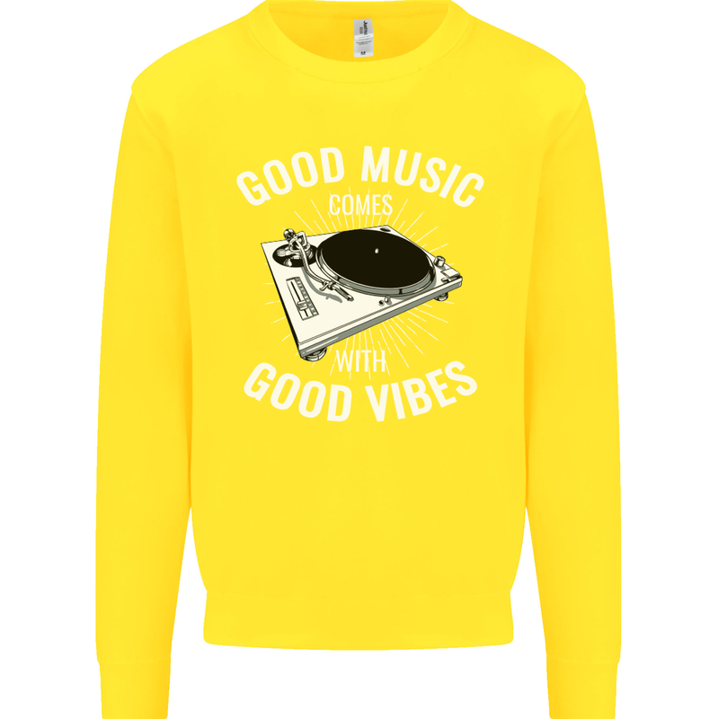 Good Music Vibes DJ Decks Vinyl Turntable Kids Sweatshirt Jumper Yellow