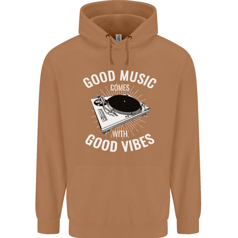 Good Music Vibes DJ Decks Vinyl Turntable Mens 80% Cotton Hoodie Caramel Latte