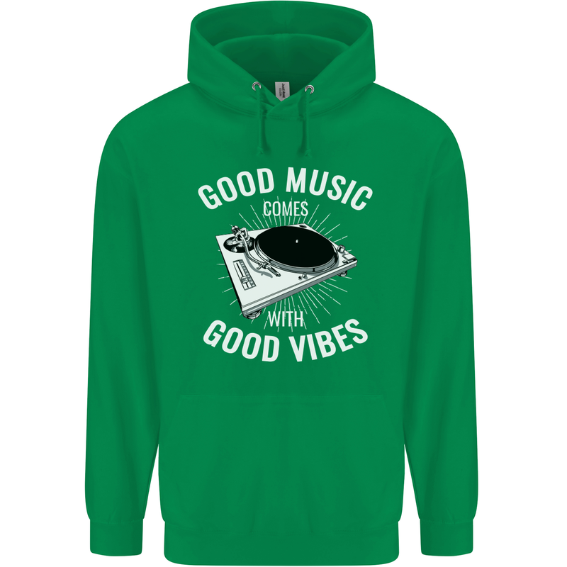 Good Music Vibes DJ Decks Vinyl Turntable Mens 80% Cotton Hoodie Irish Green