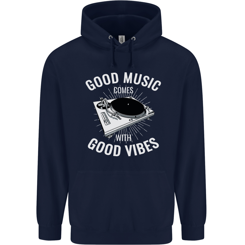 Good Music Vibes DJ Decks Vinyl Turntable Mens 80% Cotton Hoodie Navy Blue