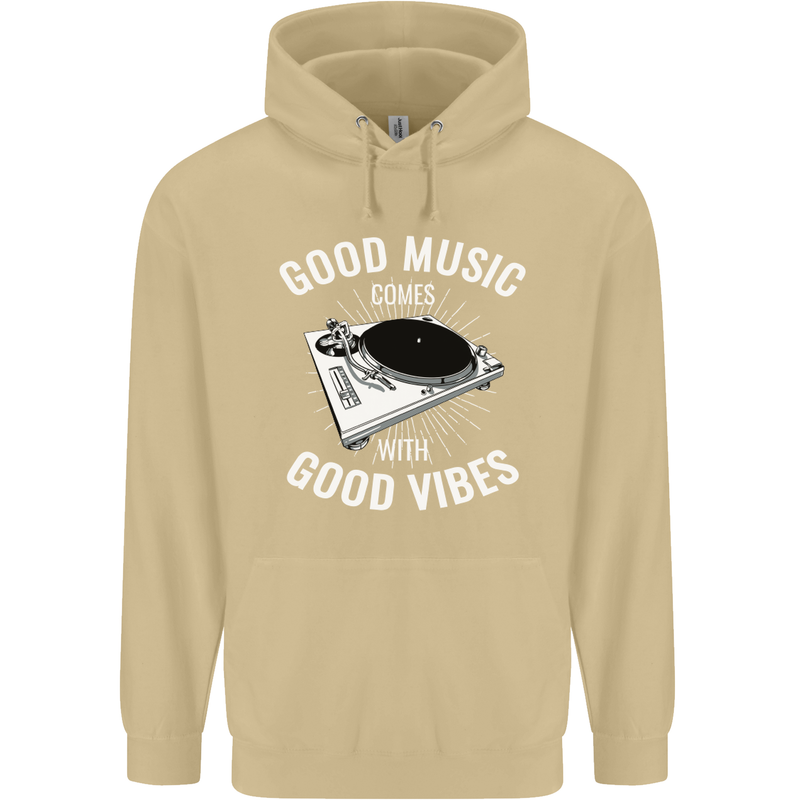 Good Music Vibes DJ Decks Vinyl Turntable Mens 80% Cotton Hoodie Sand
