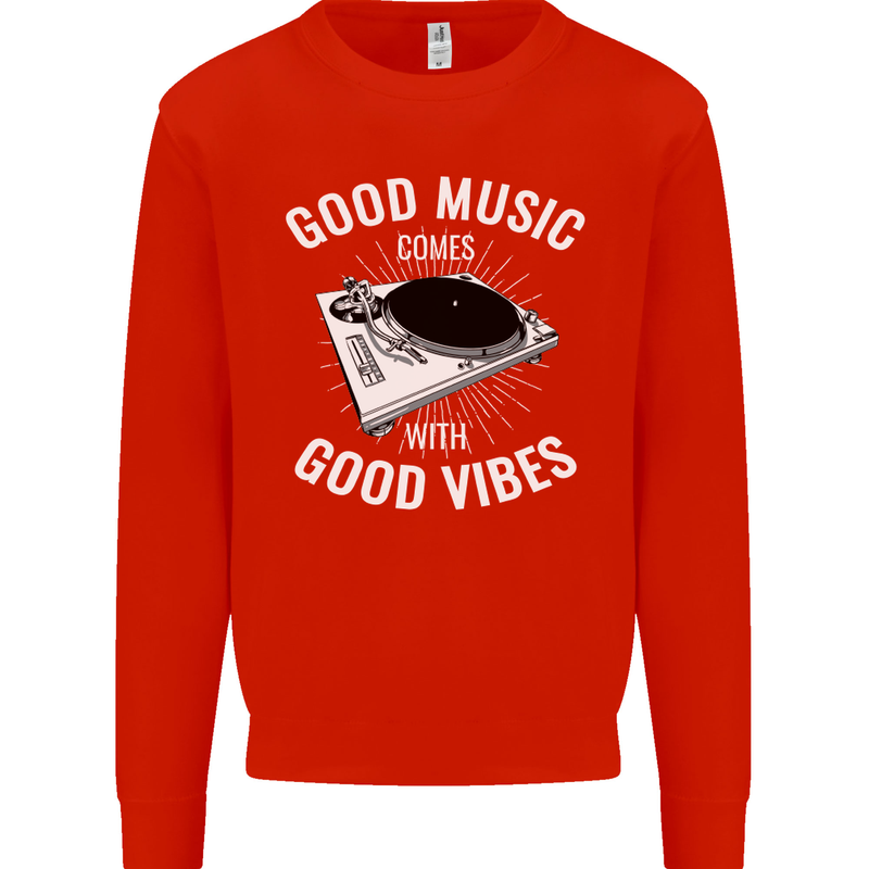 Good Music Vibes DJ Decks Vinyl Turntable Mens Sweatshirt Jumper Bright Red