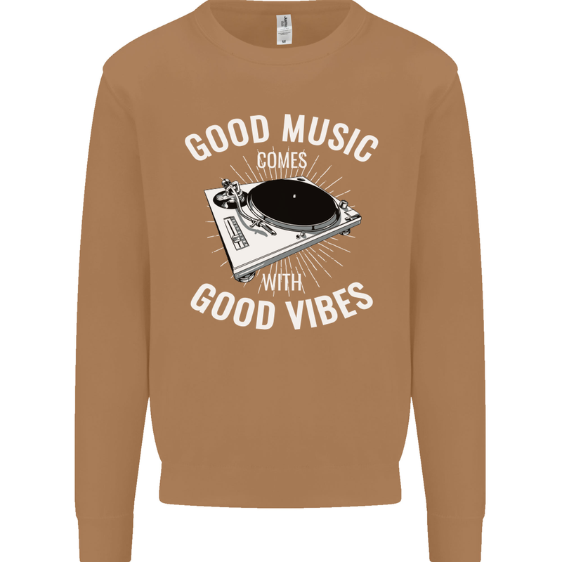 Good Music Vibes DJ Decks Vinyl Turntable Mens Sweatshirt Jumper Caramel Latte