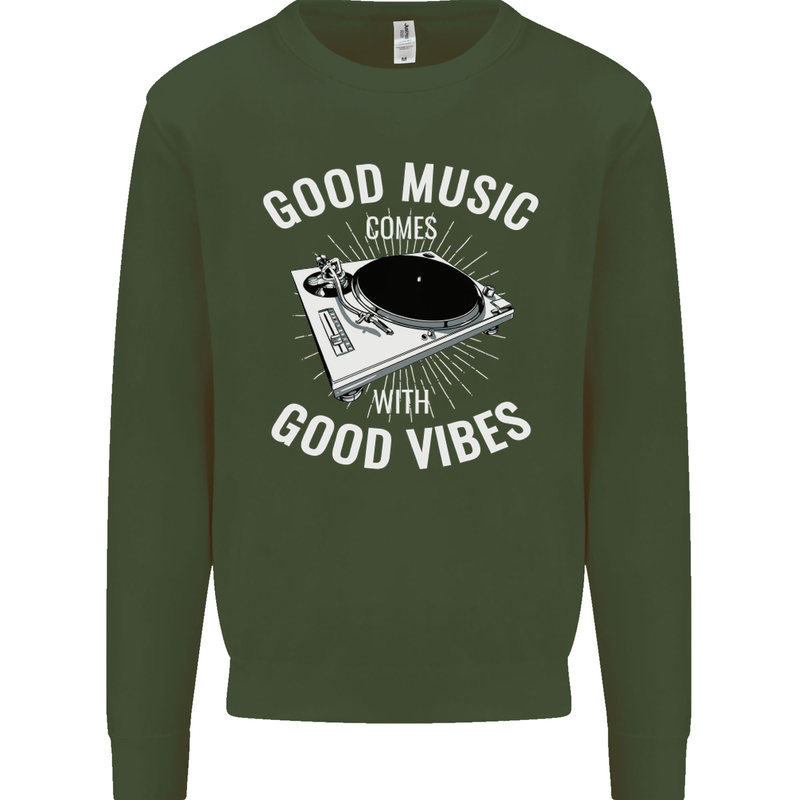 Good Music Vibes DJ Decks Vinyl Turntable Mens Sweatshirt Jumper Forest Green