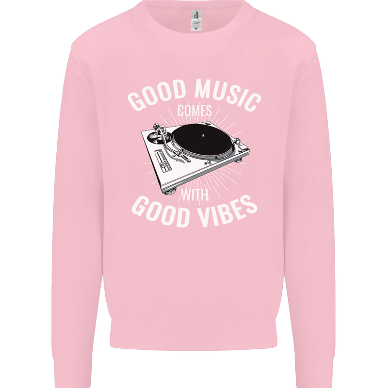 Good Music Vibes DJ Decks Vinyl Turntable Mens Sweatshirt Jumper Light Pink
