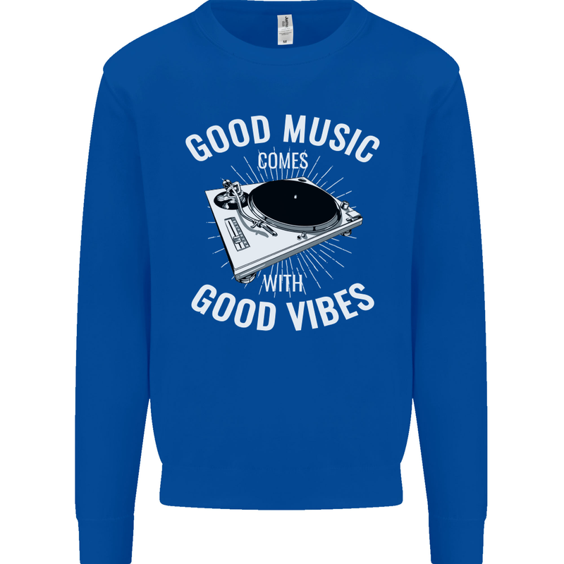 Good Music Vibes DJ Decks Vinyl Turntable Mens Sweatshirt Jumper Royal Blue