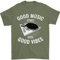 Good Music Vibes DJ Decks Vinyl Turntable Mens T-Shirt Cotton Gildan Military Green