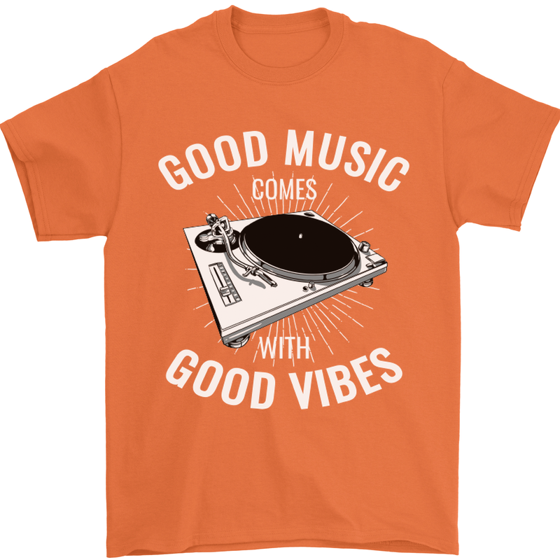 Good Music Vibes DJ Decks Vinyl Turntable Mens T-Shirt Cotton Gildan Orange