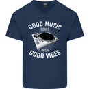 Good Music Vibes DJ Decks Vinyl Turntable Mens V-Neck Cotton T-Shirt Navy Blue