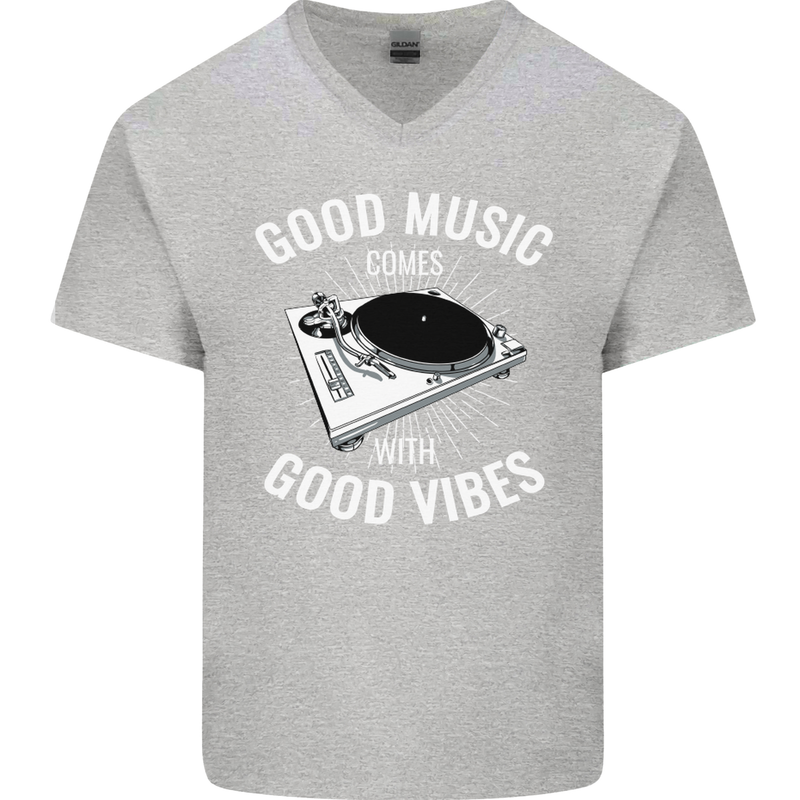Good Music Vibes DJ Decks Vinyl Turntable Mens V-Neck Cotton T-Shirt Sports Grey