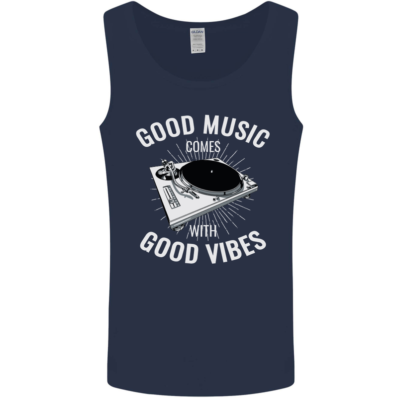 Good Music Vibes DJ Decks Vinyl Turntable Mens Vest Tank Top Navy Blue