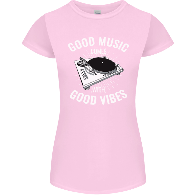 Good Music Vibes DJ Decks Vinyl Turntable Womens Petite Cut T-Shirt Light Pink
