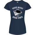 Good Music Vibes DJ Decks Vinyl Turntable Womens Petite Cut T-Shirt Navy Blue