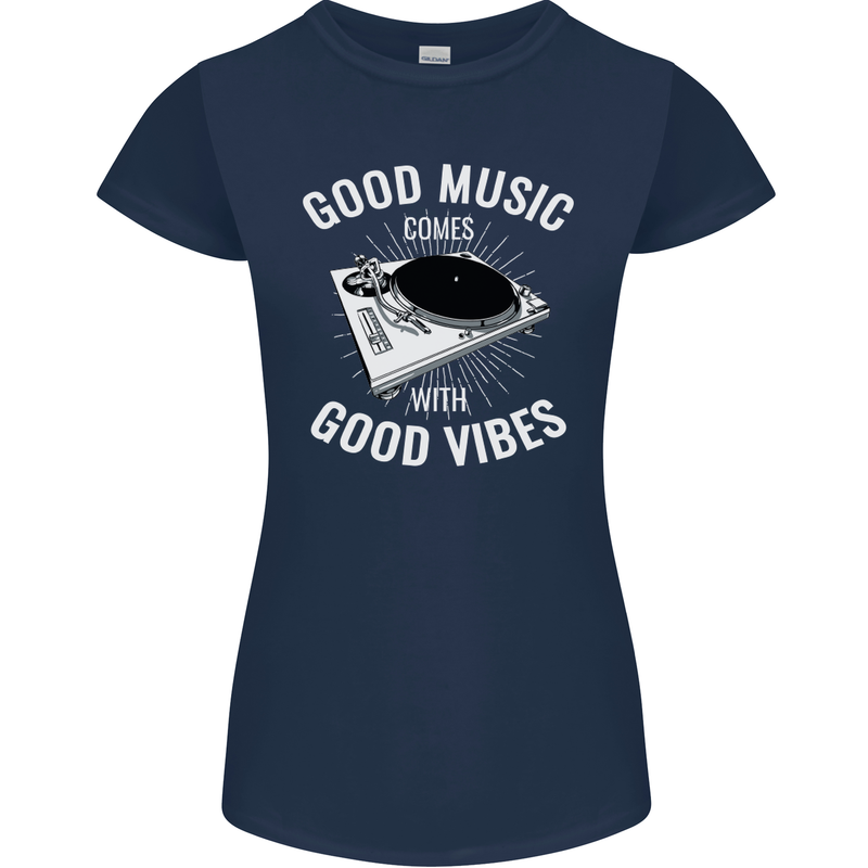 Good Music Vibes DJ Decks Vinyl Turntable Womens Petite Cut T-Shirt Navy Blue