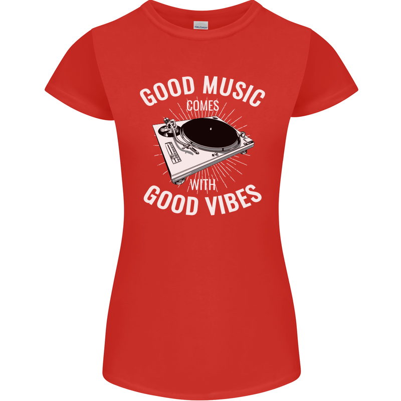 Good Music Vibes DJ Decks Vinyl Turntable Womens Petite Cut T-Shirt Red