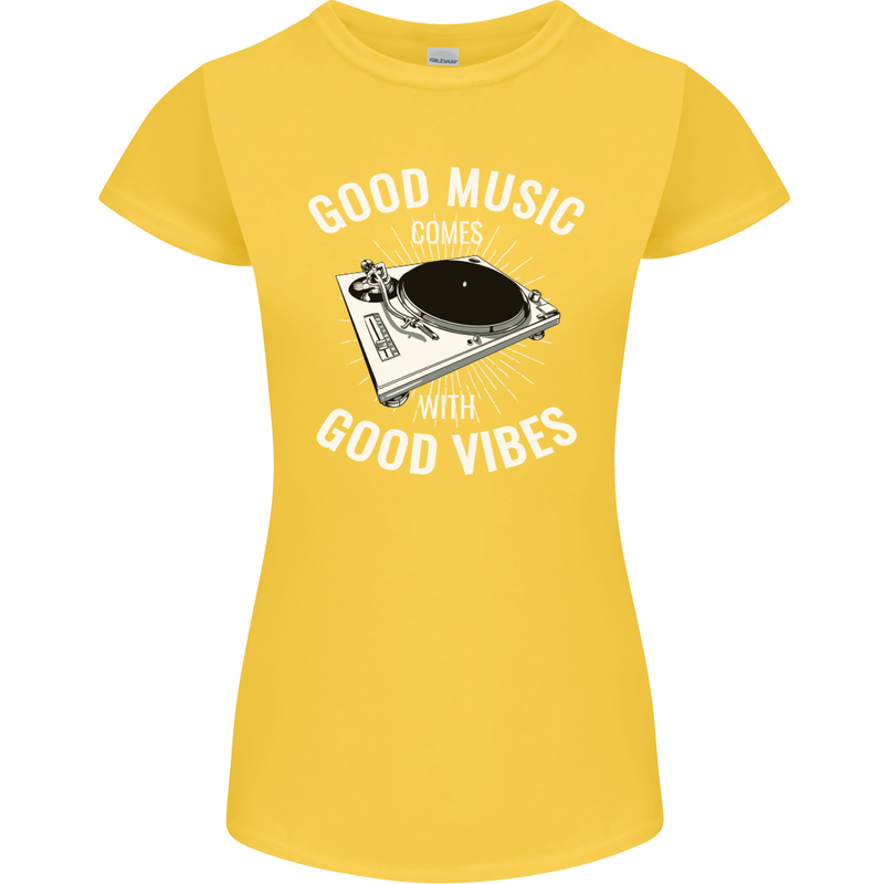 Good Music Vibes DJ Decks Vinyl Turntable Womens Petite Cut T-Shirt Yellow