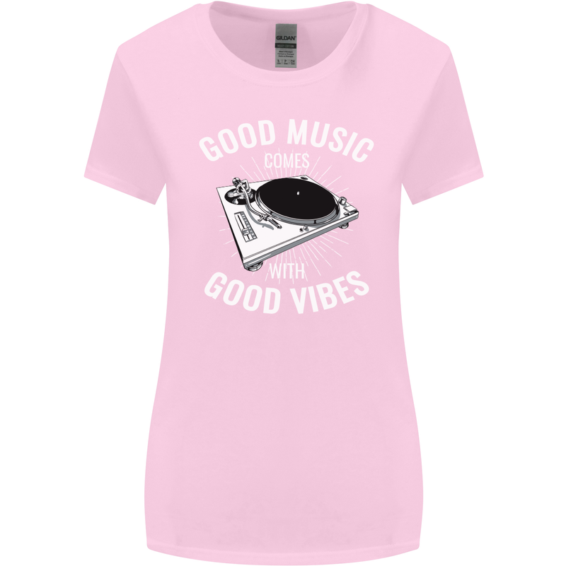 Good Music Vibes DJ Decks Vinyl Turntable Womens Wider Cut T-Shirt Light Pink