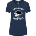 Good Music Vibes DJ Decks Vinyl Turntable Womens Wider Cut T-Shirt Navy Blue