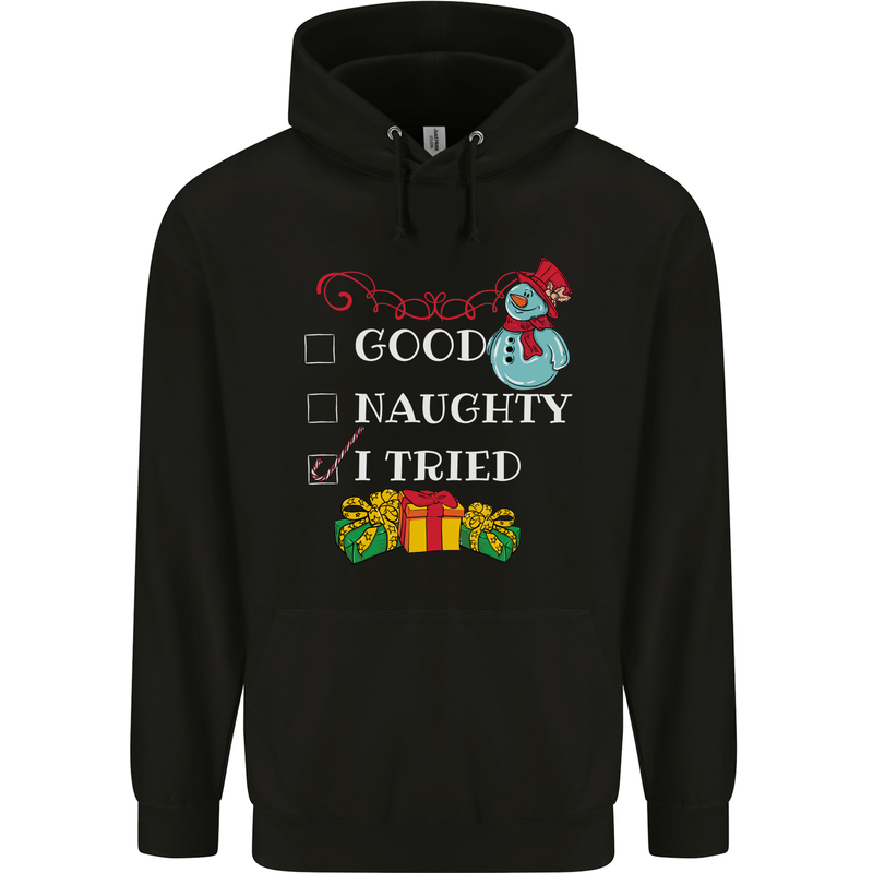Good Naughty I Tried Funny Christmas Xmas Childrens Kids Hoodie Black