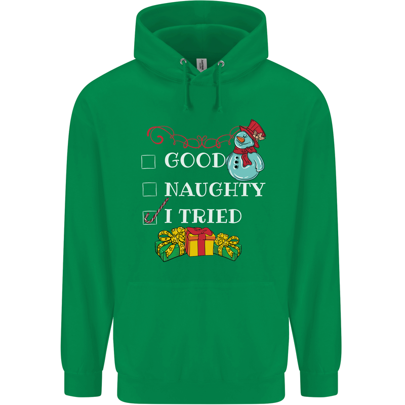 Good Naughty I Tried Funny Christmas Xmas Childrens Kids Hoodie Irish Green