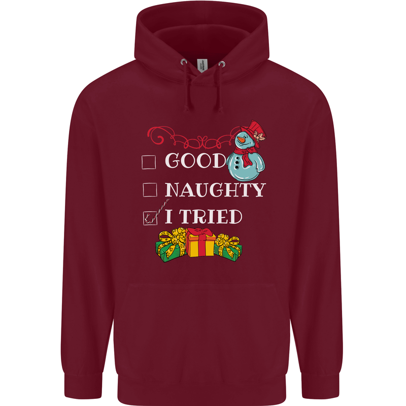 Good Naughty I Tried Funny Christmas Xmas Childrens Kids Hoodie Maroon