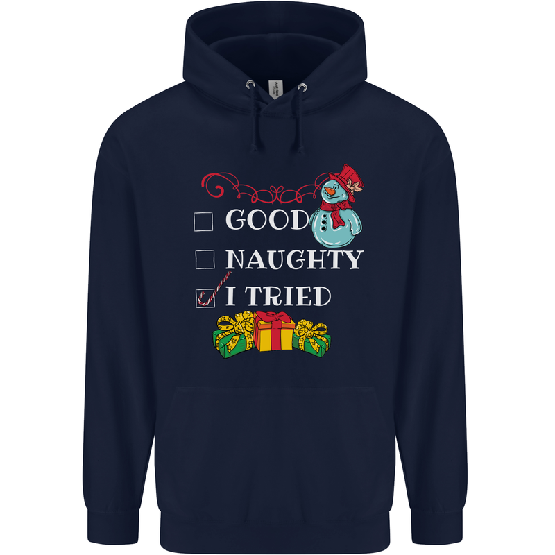 Good Naughty I Tried Funny Christmas Xmas Childrens Kids Hoodie Navy Blue