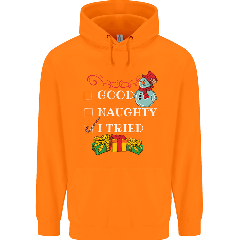 Good Naughty I Tried Funny Christmas Xmas Childrens Kids Hoodie Orange